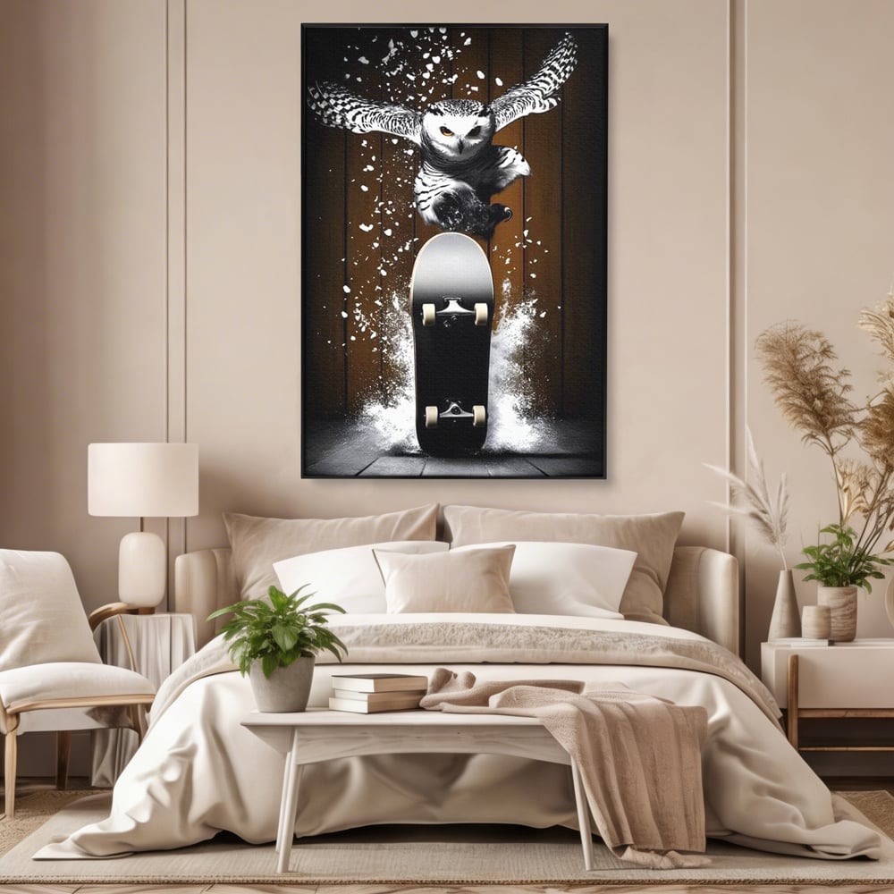 Tablou canvas cu tablou canvas cu bufnita pe skateboard, in rama de aluminiu negru, pe perete intr-un dormitor